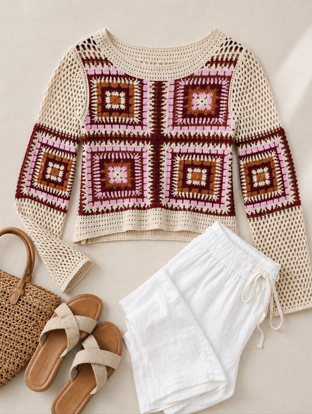 Granny Square Crochet Sweater Women's Boho Crop Knit Top Cream Pink Burgundy - Picture 2 of 6